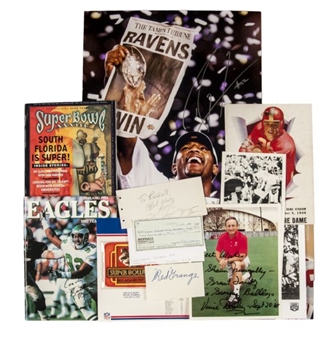 Football Lot of (15) Items Including 12 Autographs With Grange, Lewis, Ditka, Baugh And Taylor